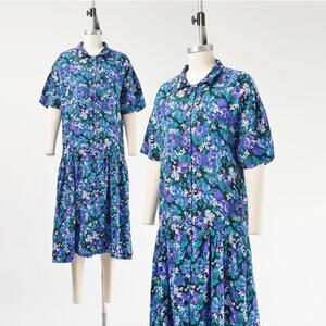 Vintage 90s Floral Loose and Relaxed Fit Dropped Waist Midi Dress M L